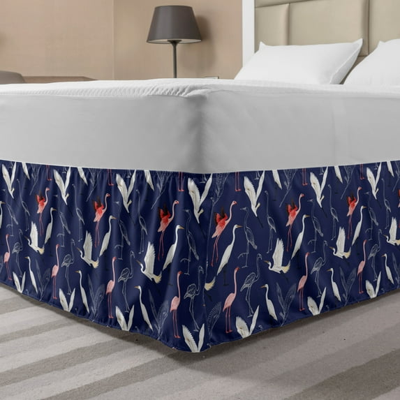 Navy Blue Bed Skirt, Repetitive Colorful Tropical Flamingo Heron and Their Achromatic Drawings, Elastic Bedskirt Dust Ruffle Wrap Around for Bedding Decor, 4 Sizes, Indigo Multicolor, by Ambesonne