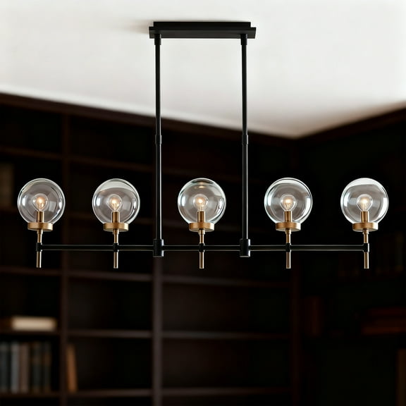 Mordern Linear Matte Black& Brass Chandelier, Iron Ceiling Light with Globe Glass Shade, 49 Inch Ceiling Lamp Over Kitchen Island, for Dining Room, Living Room