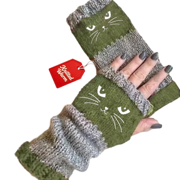 Knit Fingerless Gloves for Women, Cute Cat Embroidery Splicing Womens Knitted Glove, Warm Cozy Winter Vintage