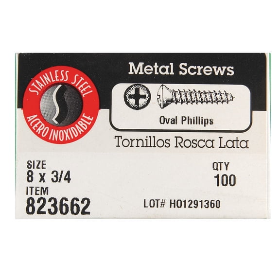 Hillman 0823662 8 x 0.75 in. Oval Head Stainless Steel Sheet Metal Screws  100 per Box