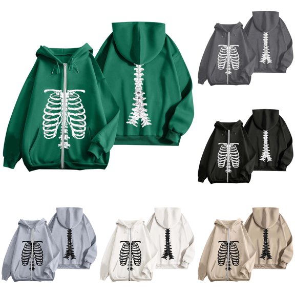 Halloween Sweatshirt for Women Zip Up Hoodie Oversized Streetwear Skeleton Graphic Pullover Casual Sweatshirt Outerwear for Daily Leisure Green S