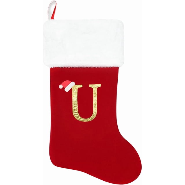 Dbfengbilian 20 Inches Christmas Stockings with Customizable Letters, Large Christmas Stockings with Super Soft Plush Cuff Embroidered Letter - Red U