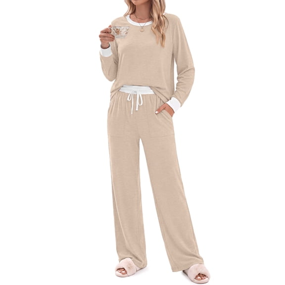 Fantaslook Color Block Pajamas for Women Crew Neck Tops Long Loungewear Pants Spliced 2 Piece Outfits Sets with Pockets