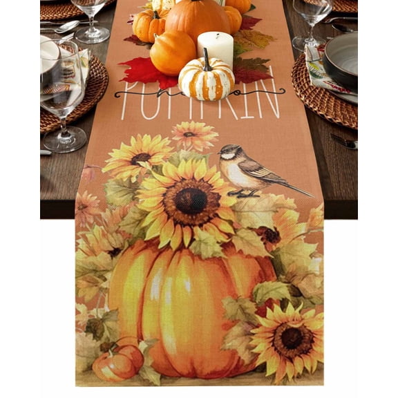 Fall Table Runner Thanksgiving Hello Pumpkin Table Runners Sunflower Bird Cotton Linen Dresser Scarf Kitchen Dining Table Decor for Fall Holiday Party Decor 13x36 Inch