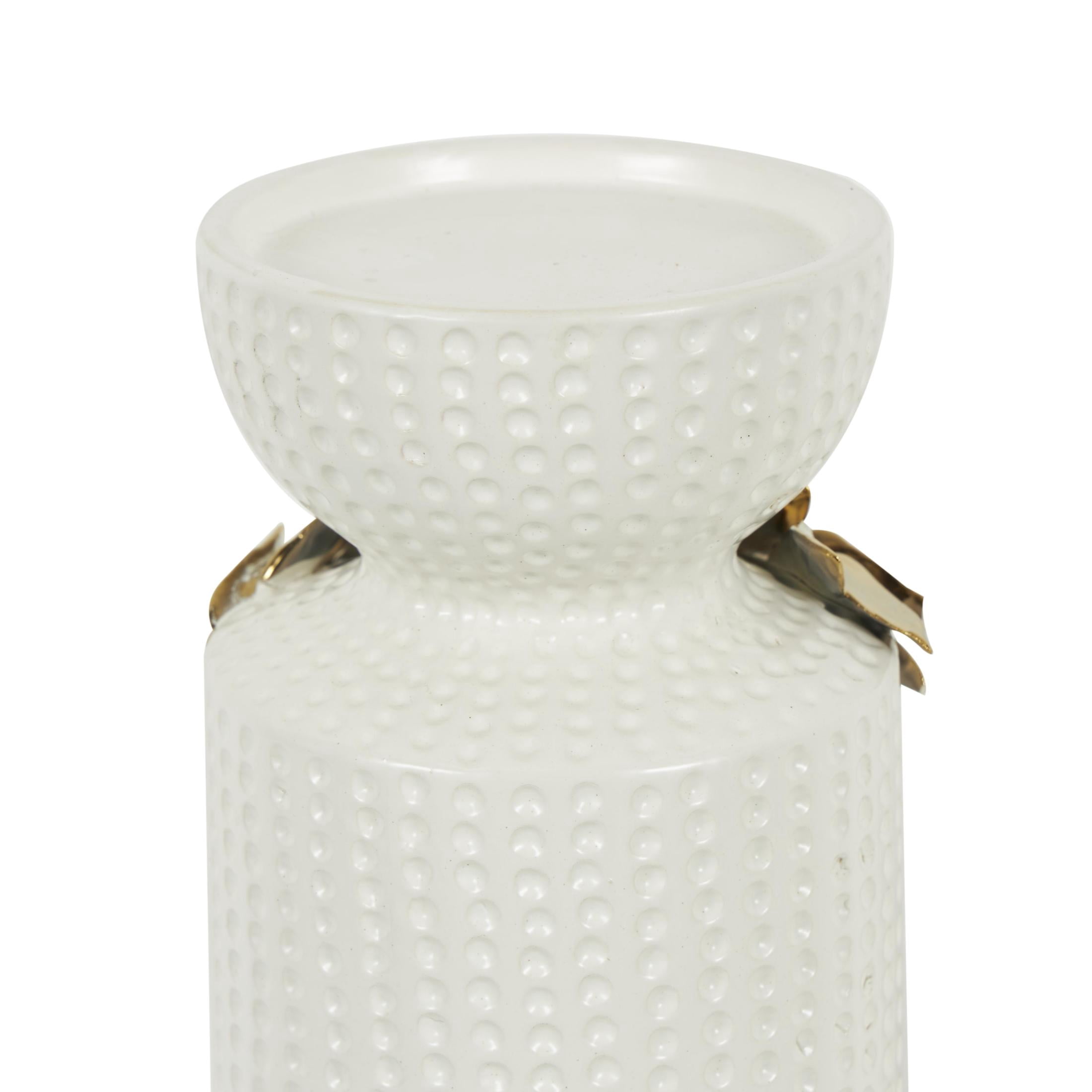 DecMode 2 Candle White Ceramic Leaf Candle Holder with Abstract Spotted Pattern and Gold Accents, Set of 2