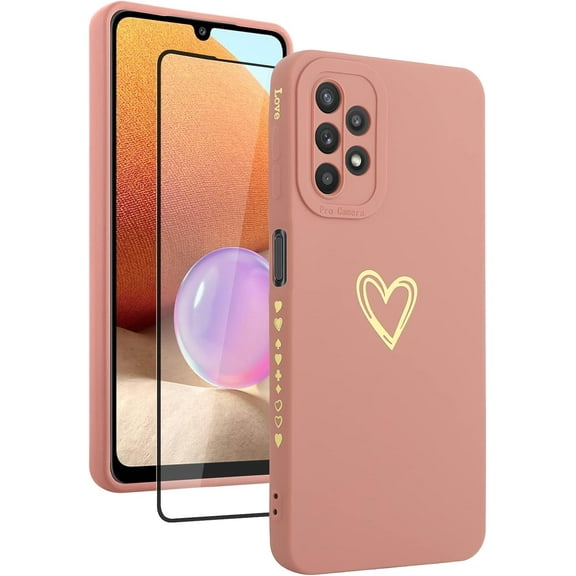 Designed for Samsung Galaxy A32 5G Case Love Heart Design for Women Girls Soft TPU Plating Full Camera Lens Protection Phone Cover with Screen Protector for Galaxy A32 5G 6.5"-Pink