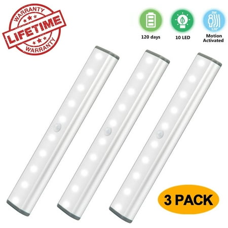 

LED Closet Light Motion Activated Cordless Under Cabinet Motion Sensor Light Wireless Stick-on Anywhere Battery Operated 10 LED Motion Sensor Night Light for Closet Hallway Stairway 3 Pack