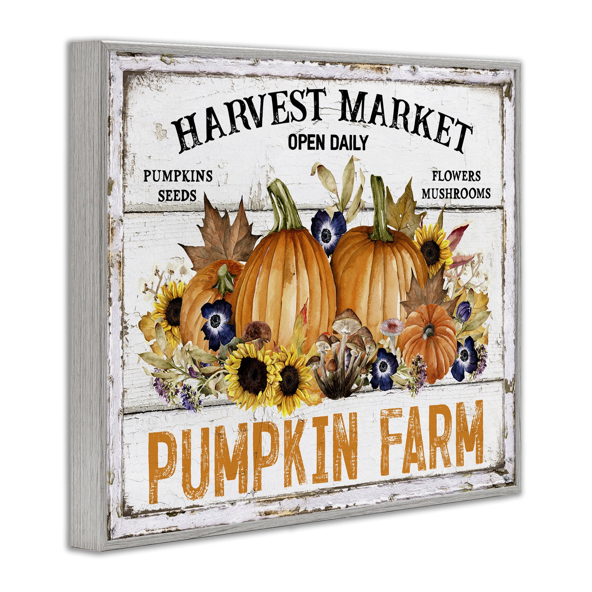 Stupell Industries Pumpkin Farm with Sunflowers Holiday Painting Gray Framed Art Prints Wall Art, 14 x 11