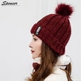 thumbnail image 4 of Spencer Winter 2Pcs Pom Pom Cable Beanie Hat Scarf Set Soft Warm Knit Ski Cap Thick Neck Scarf for Women "Wine Red", 4 of 6