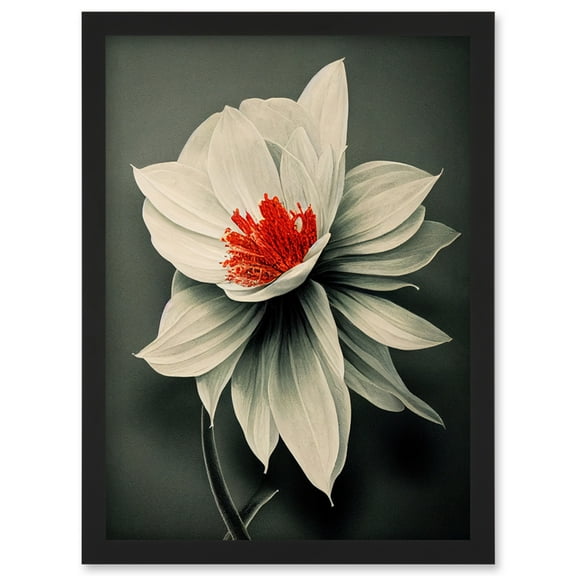 Realistic Greyscale Macro Flower Floral Bloom with Orange Red Stamen Artwork Framed Wall Art Print A4