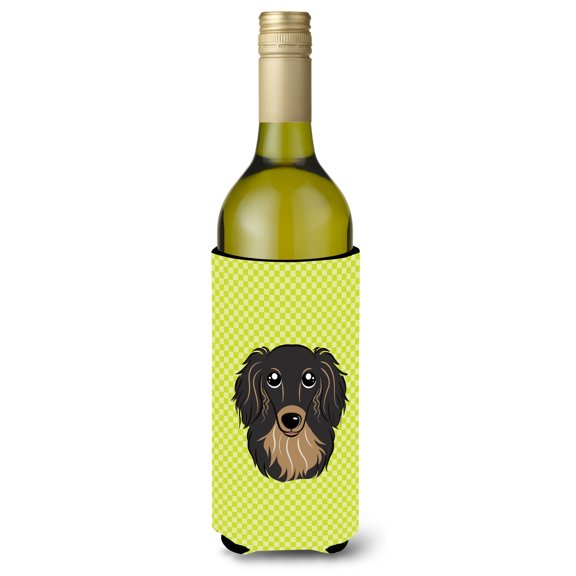 Carolines Treasures Checkerboard Lime Green Longhair Black Tan Dachshund Wine Bottle Beverage Insulator Hugger Wine