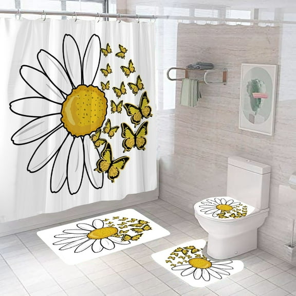 Sunflower Black Shower Curtains Beautiful Flowers 3d Print Bathroom Curtain Set Toilet Cover Bath Mat Non-Slip Rug with 12 Hooks