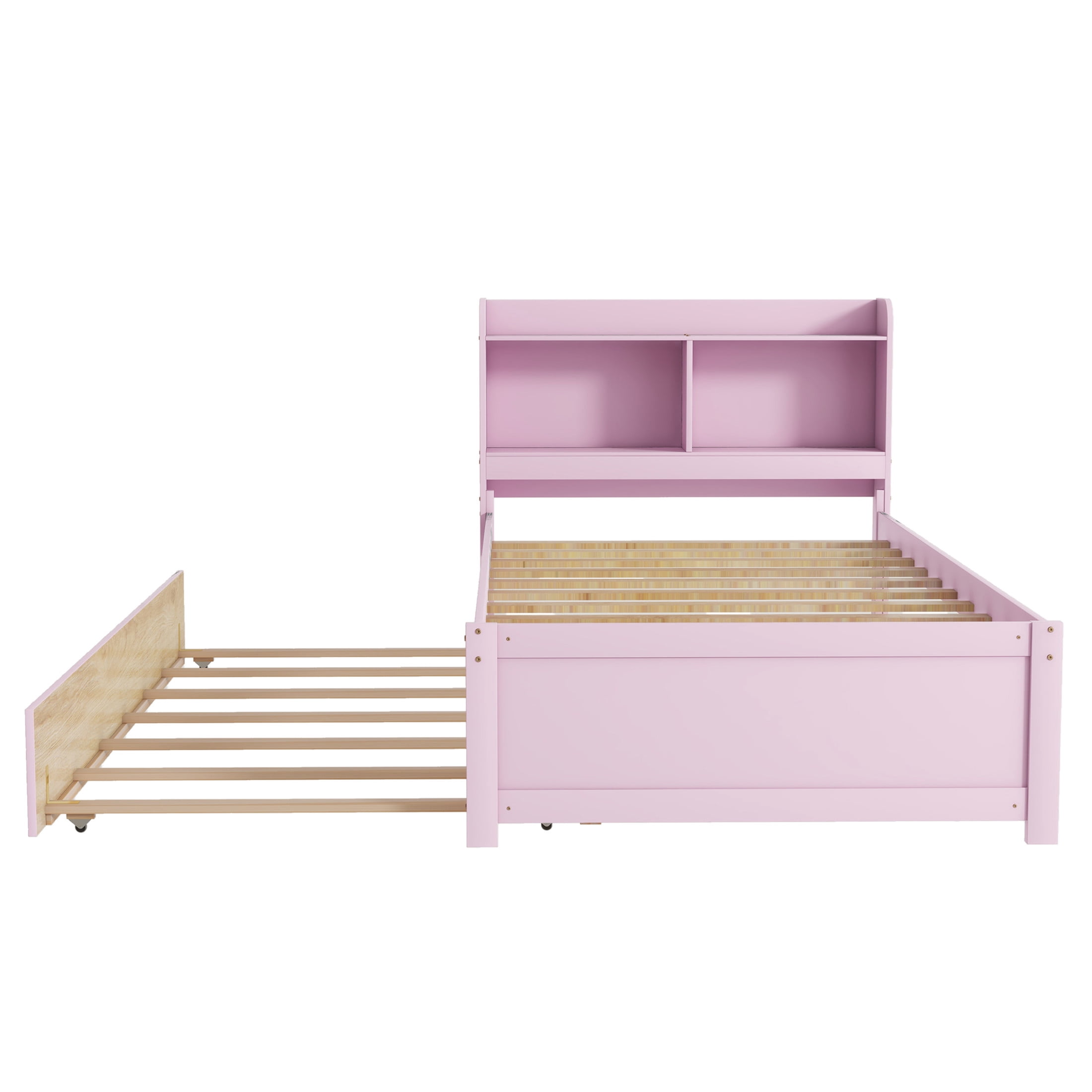 Noble House Katen Twin Bed with Extra Trundle and Bookcase Storage, Pine Wood Platform Bed with Bookshelf, Pink
