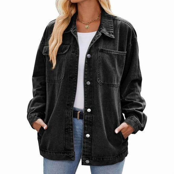 Women's Oversized Denim Jacket Casual Long Sleeve Button Jean Jacket Coat Loose Boyfriend Jackets Trendy Shacket Black & Gray S