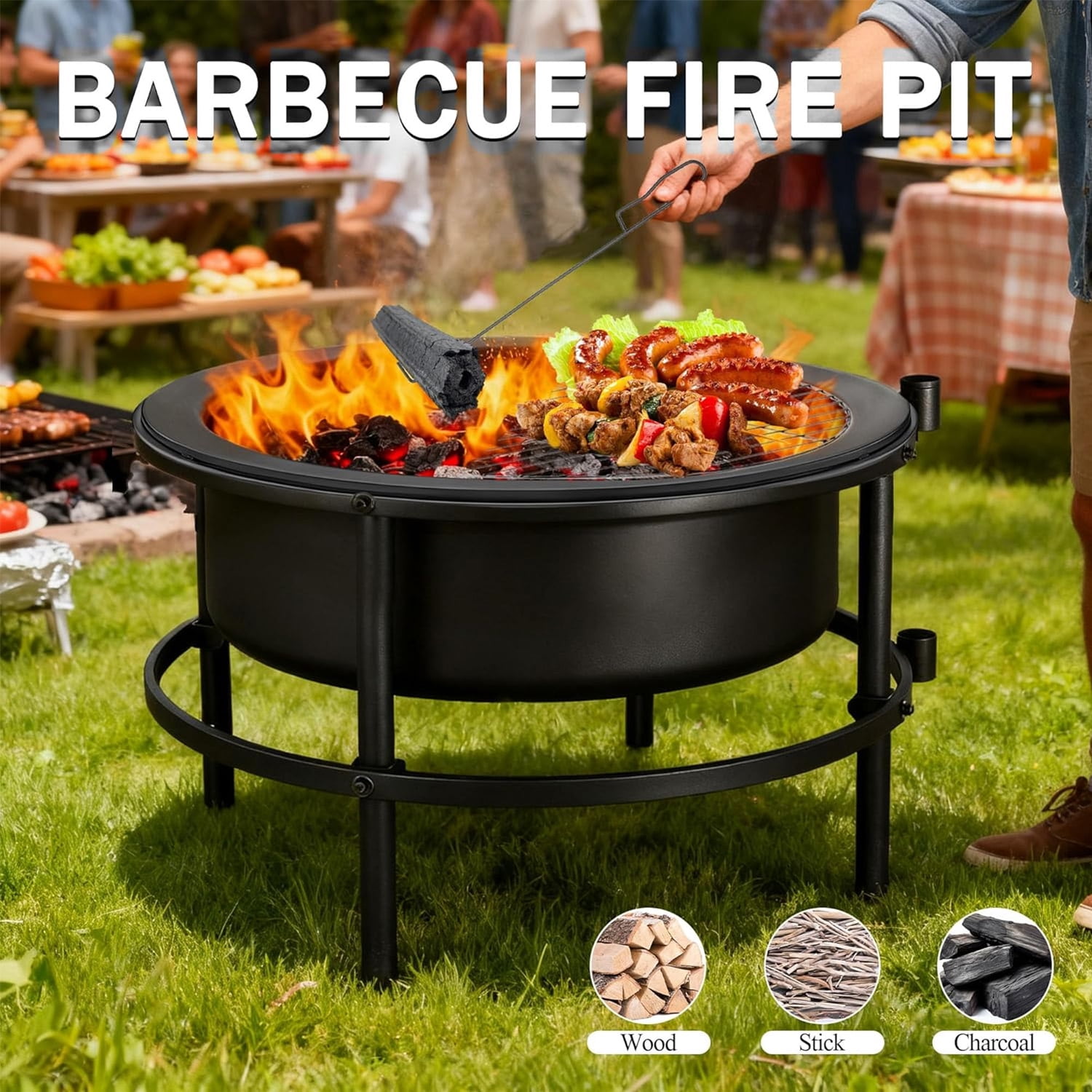 3-in-1 Fire Pits for Outside, 54" Wood Burning Fire Pit Tables, Cold-Rolled Steel Fire Pit with Poker, BBQ Net, Grill Brush and Cover, Backyard Patio Garden Outdoor Fire Pit/BBQ Fire Pit, Black