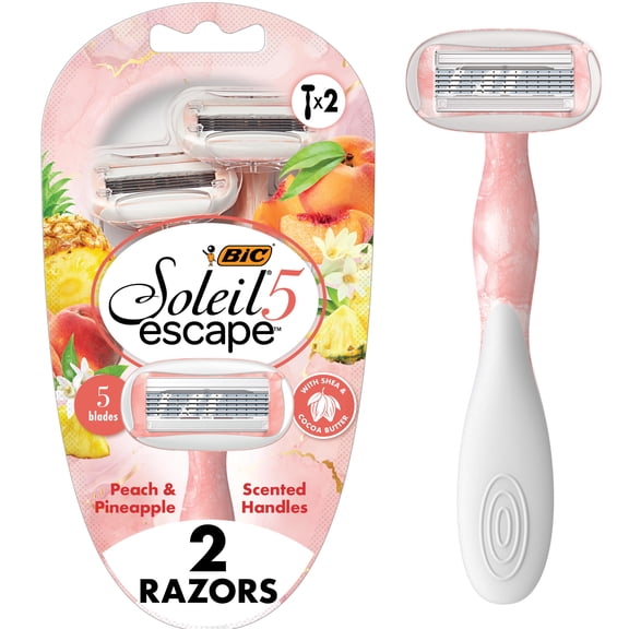 BIC Soleil 5 Escape Women's 5-Blade Disposable Razors, Peach Pineapple, 2 Count