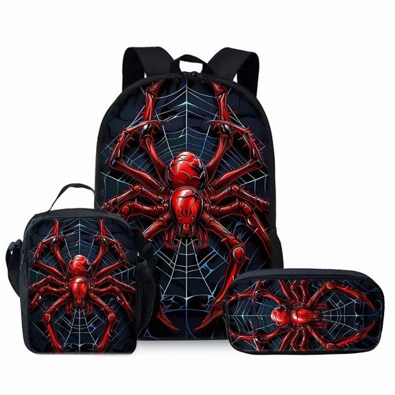 3Pcs Backpack Set, Spider Web Print 17IN Casual Backpack with Lunch Bag and Pencil Case, Lightweight Backpack Kit for Outdoor, Hiking, Daily Use
