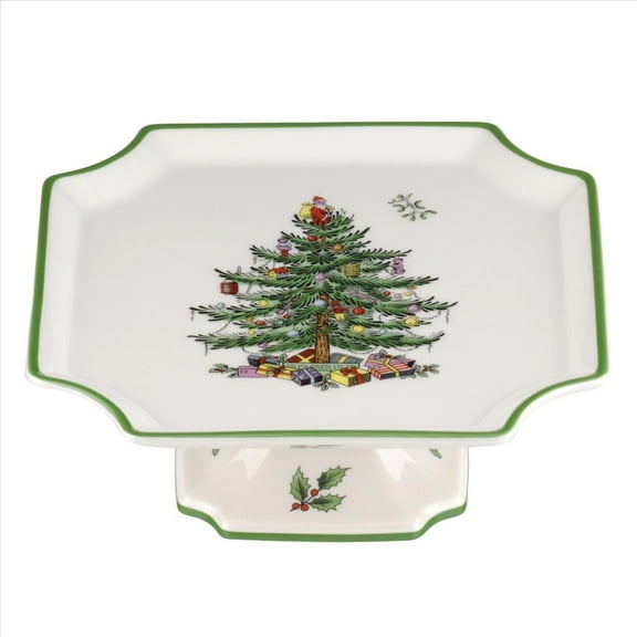 Spode Christmas Tree Footed Square Cake Plate - 6.5-Inch Holiday Cake Stand for Desserts, Cupcakes, and Treat Display - Made of Fine Porcelain with Iconic Christmas Tree Design, Dishwasher Safe