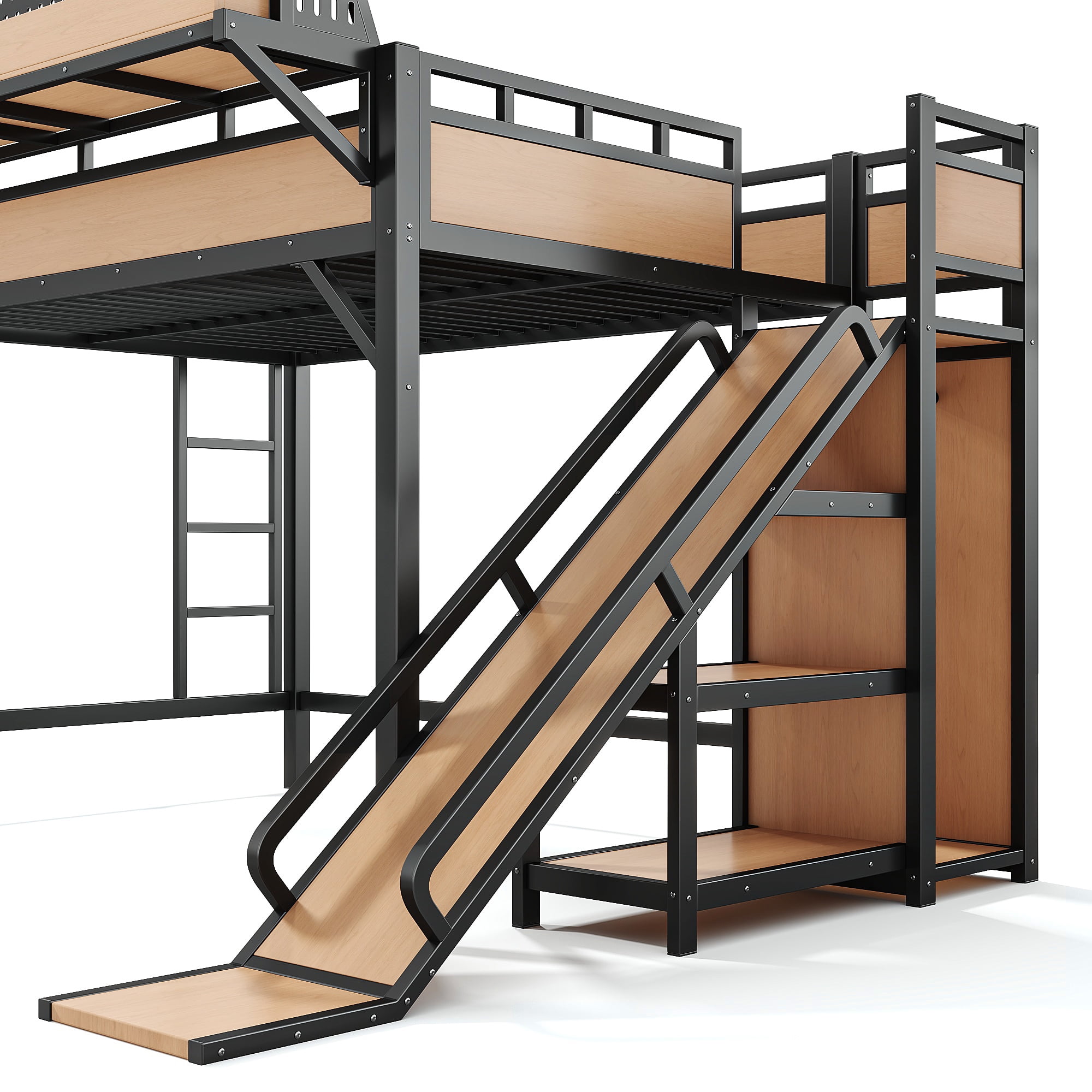 Aukfa Full Size Loft Bed with Slide, Shelves, Wardrobe, USB Ports & LED Lights, Heavy-Duty Metal Bed Frame for Kids Teens Adults, Natural