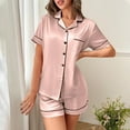 thumbnail image 3 of Dvprdro Pajamas for Women Casual Short Sleeve Satin Pajama Set 2 Piece Loose Fit Button Down Turndown Collar Sleep Tops and Shorts Loungewear Home Set, 3 of 5