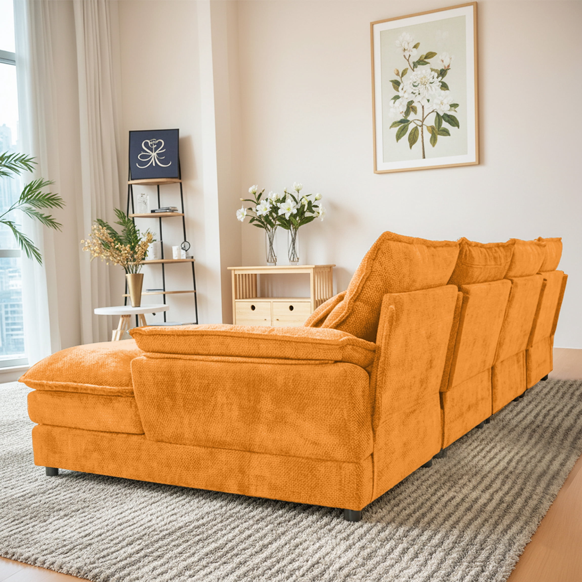 SEENYOO 110.24" U-Shaped Couch, Cloud Modular Sectional Sofa with Chenille Fabric, 4-Seat Comfy Couch for Living Room,Orange