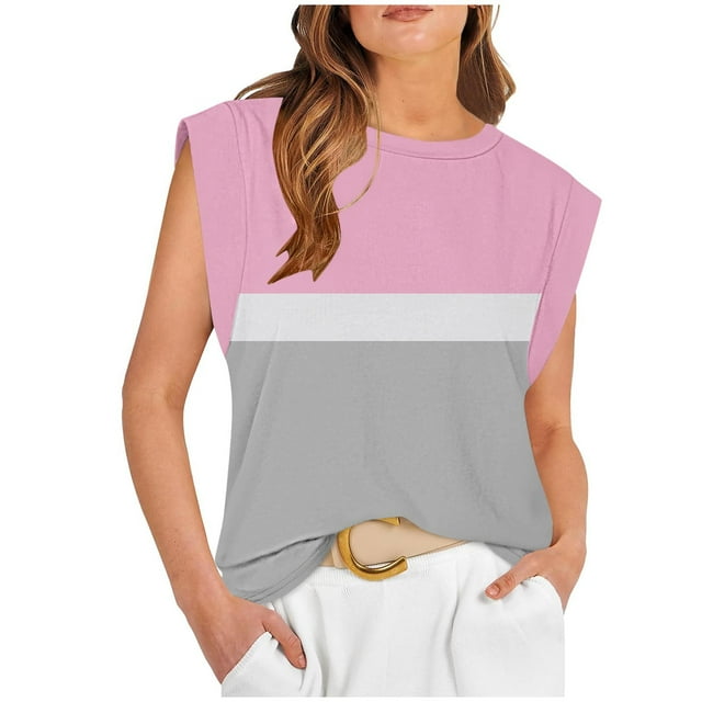 Sentmoon Hauts de Printemps pour Femmes Col Rond Débardeurs pour Femmes Ample Rayé Imprimé Blouse Sans Manches Fluide Été 2025 Élégant pour Femmes pour Détente à la Maison Gris TTG