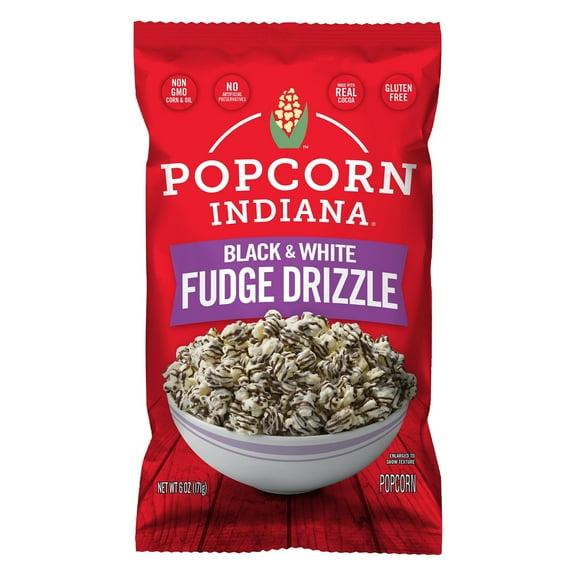 Popcorn Indiana Black & White Drizzlecorn, Sweet Cocoa Drizzled Popcorn, 6 oz Bag