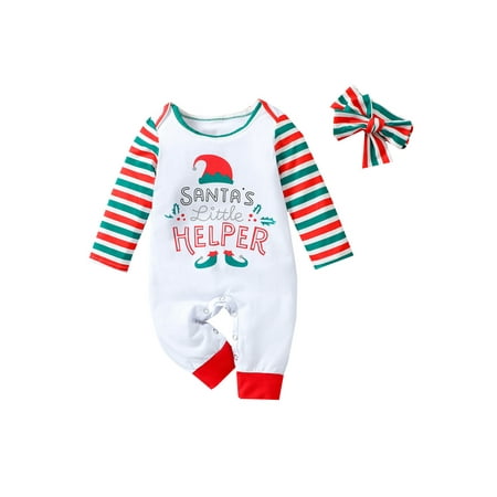 

ZIYIXIN Newborn Baby Boys Girls My 1st Christmas Clothes Long Sleeve Romper Striped Jumpsuit Headband Set White Green 6-12 Months