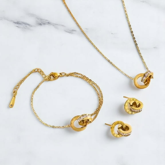 LAPRECIEUZ DE ARTHES JEWELRY 18K Yellow Gold-Plated Jewelry Set for Women – Round Pendant Necklace, Matching Earrings & Bracelet, Tarnish-Resistant