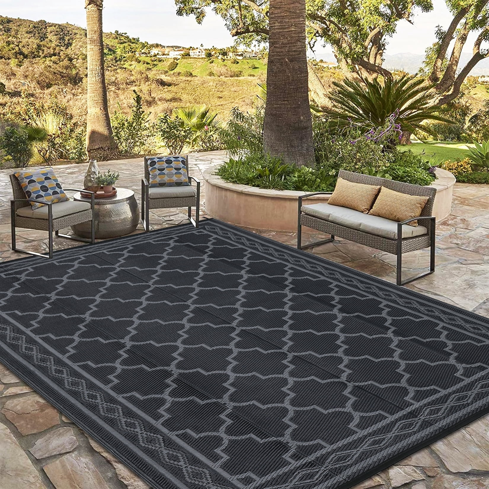Nanan 9x18 Outdoor Rug,Lightweight Reversible Outdoor Rug, Trellis Pattern with Decorative Diamond Border, Weather Resistant Easy Clean for Garden, Balcony, Poolside, Picnic, Black Gray