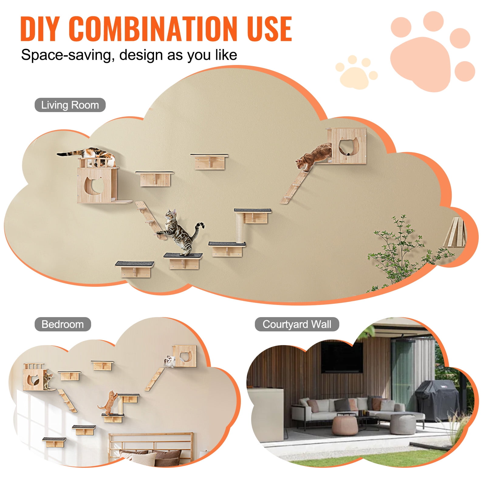 KFFKFF Cat Wall Mounts, Wall Perches and Leaping Platforms, Feline Beds, Loungers & Cat Tower, Cat Play and Rest Furniture, Supports up to 40 lbs for Resting, Frolicking, Ascending, 9-Piece Set