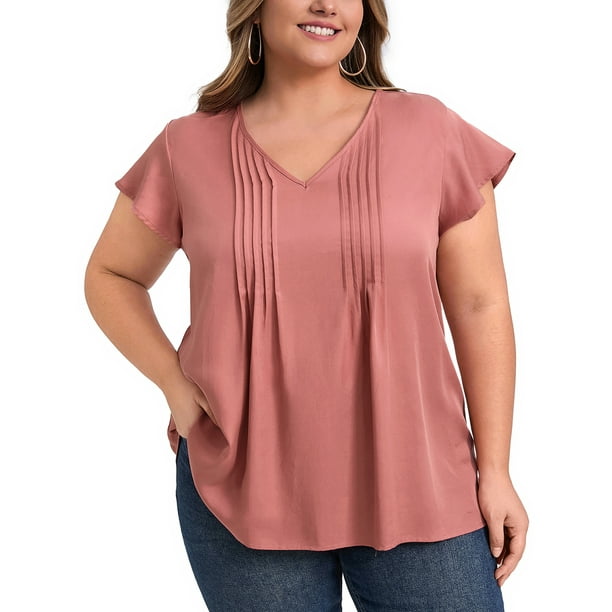 GRACE & GRANDEUR Blusas de Talla Grande para Mujeres, Top con Cuello en V, Pliegues Cosidos, Mangas Cortas con Volantes, Tops Casual Elegantes 3X Rojo Coral