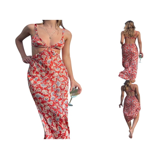 PENGXIANG Été Femmes Boho Plage Robes Floral Imprimé Spaghetti Sangle Dos Nu V Cou Découpé Bodycon Longue Robe Partie