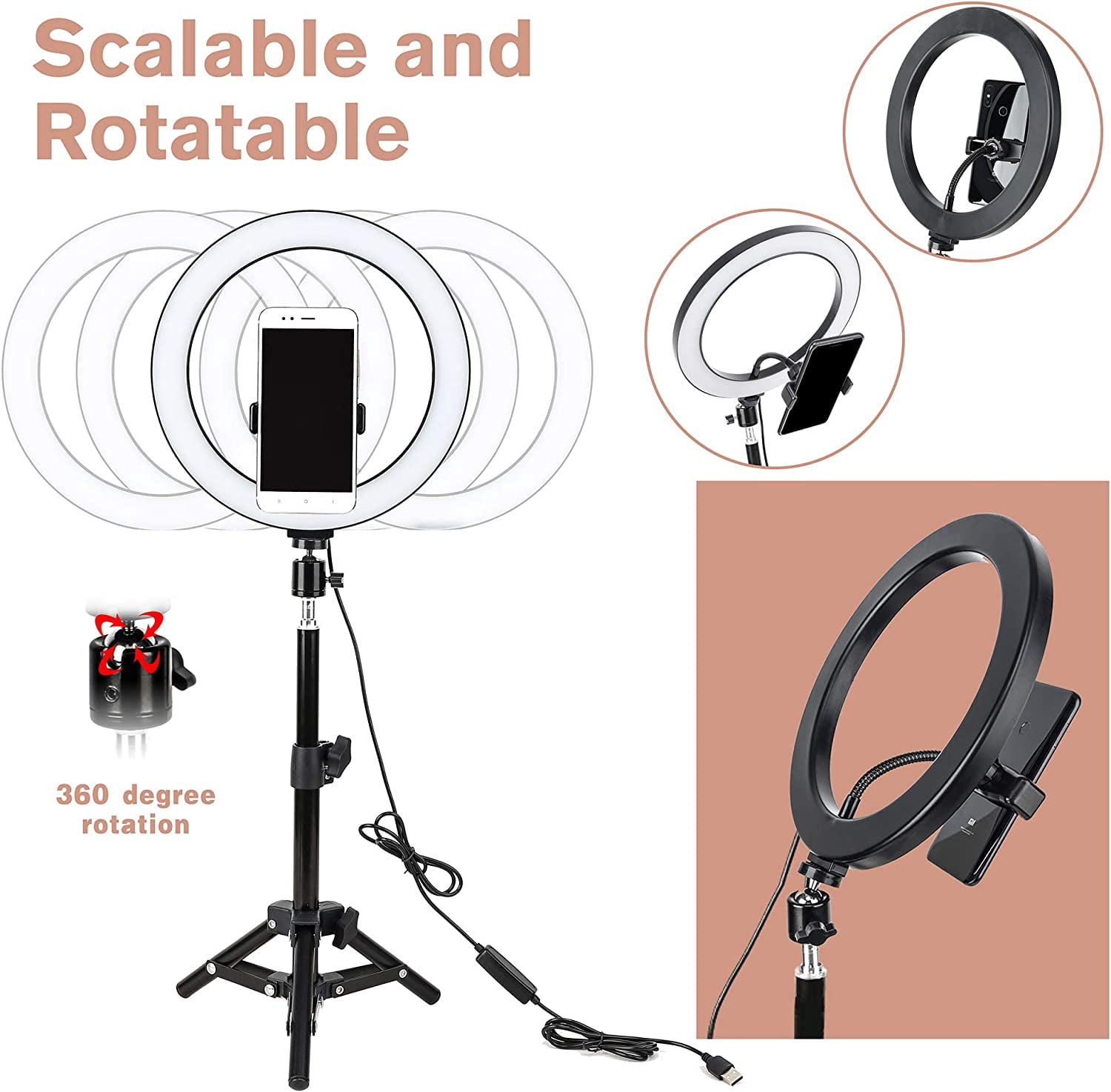 10" LED Selfie Ring Light with Tripod Stand & Cell Phone Holder for Tiktok/Live Stream/Makeup, Dimmable Desktop Camera Ringlight for YouTube Video/Photography Compatible with iPhone/Android