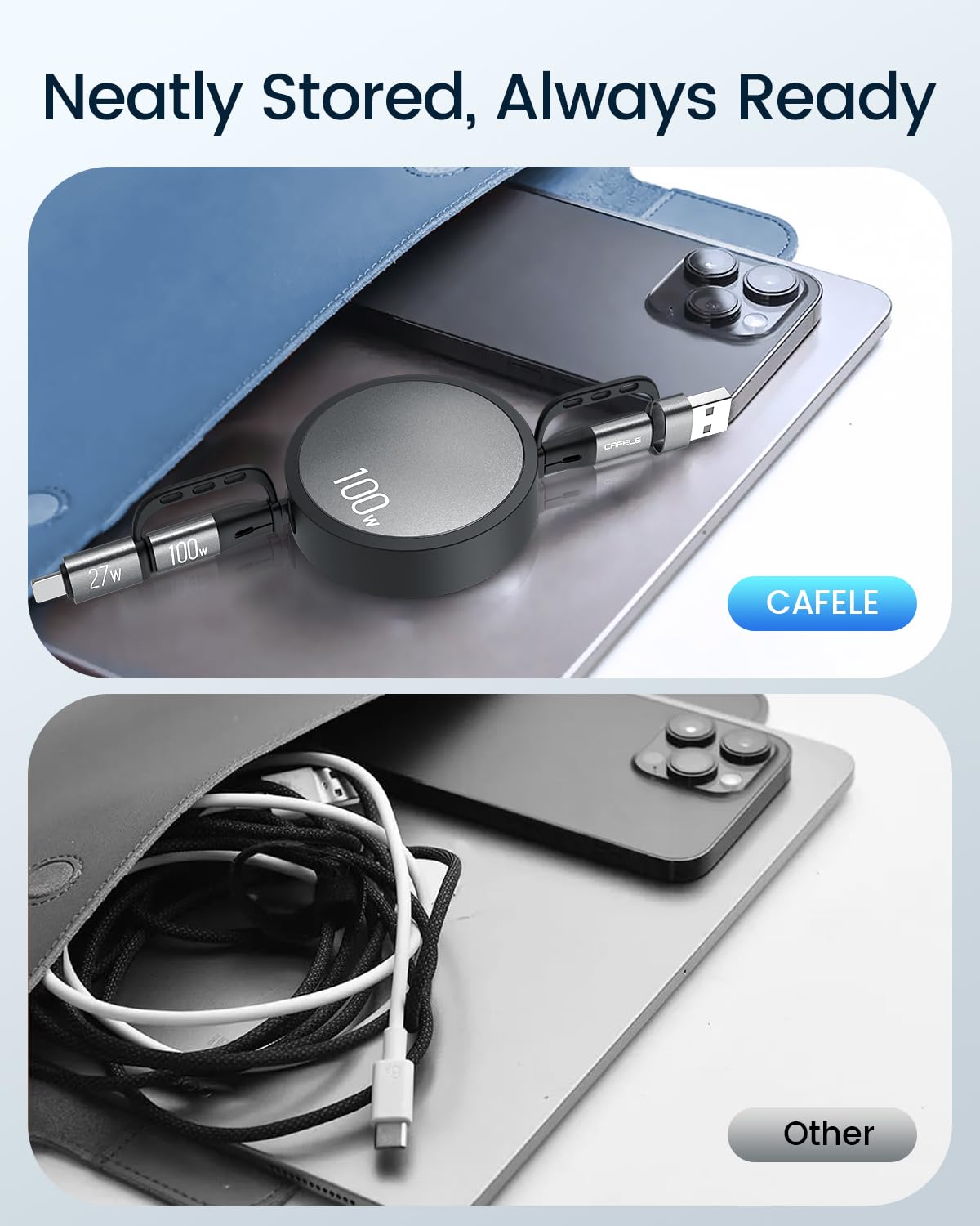 NEOYFC  for   4-in-1 100W Retractable USB C Charging Cable with USB C/A to L/Type C 5A Fast Charging, Multi Charger Cord for Multiple Devices, Phone 17/16/15/14, Galaxy S24/S23, MBook, Pad (3.6ft)