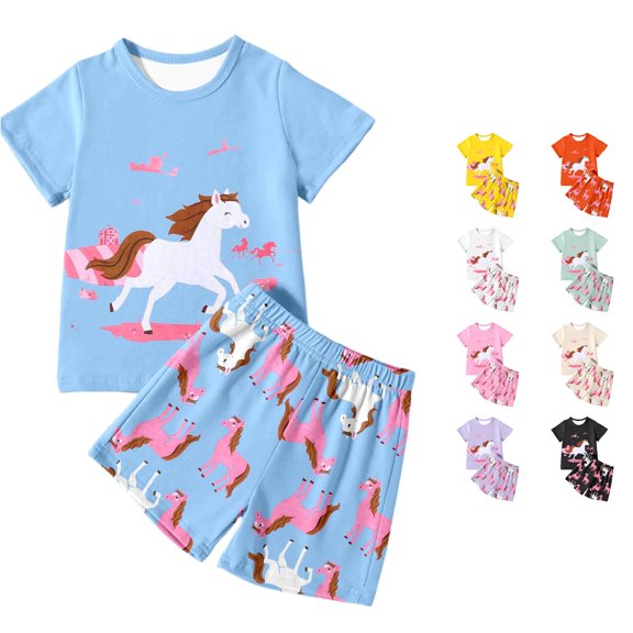 HCYSFG Girls Horse Graphic Outfit Sets 2 Piece T Shirt And Shorts Short Sleeve Crewneck Clothing Sets Elastic Waist Matching Sets