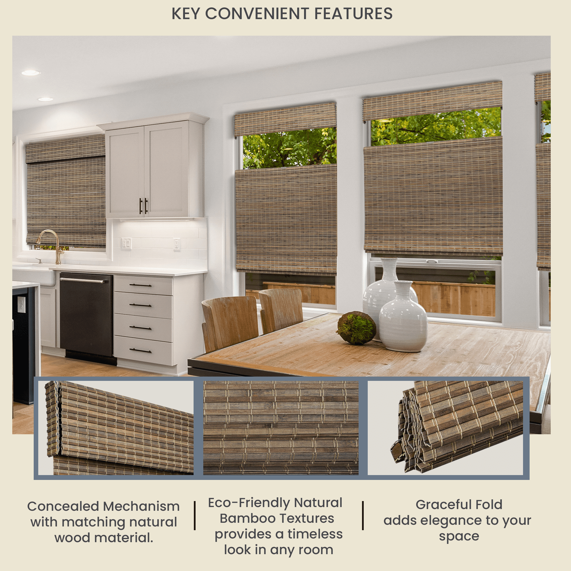 Natural Woven Top Down Bottom Up Cordless Bamboo Roman Shades for Windows, 63 in. W x 60 in. L, Smokey Ash