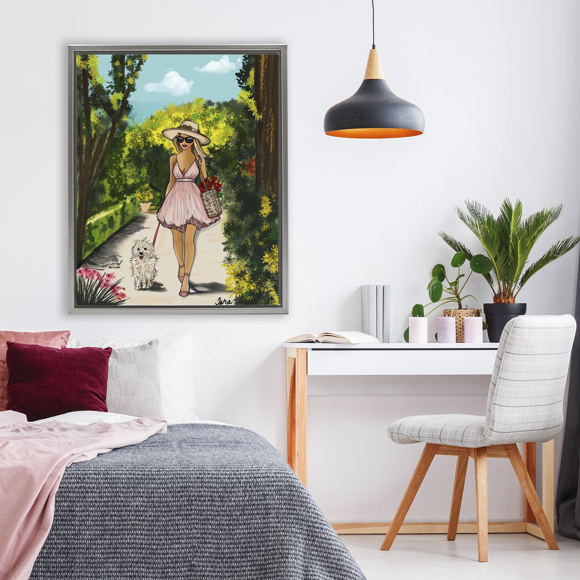 Stupell Industries Garden Girl Strolling with Pup Gray Framed Floater Canvas Wall Art, design by Tara Boone