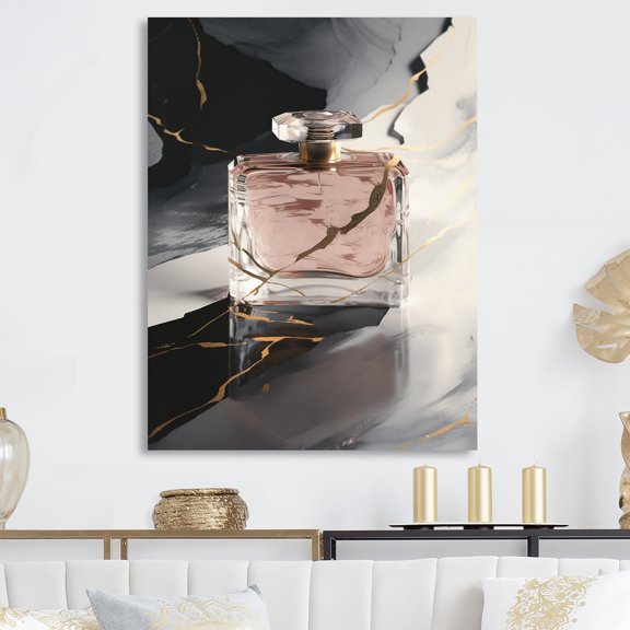 Designart "Perfume Couture Gold III" Fashion Perfume Metal Wall Art Prints