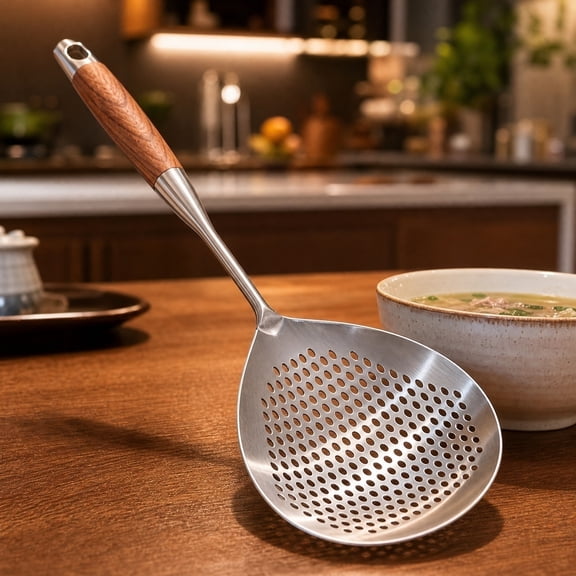 Sktrjpolfis Wooden Handle Stainless Steel Wok Skimmer, 17.7in Large Perforated Food Straining Ladle for Kitchen, Restaurant and Food Stall