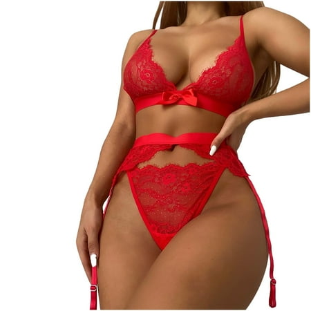 

wendunide underwear women Women s y Lingerie Lace G-string Thong Underwear Sleepwear Bra Thong 3PC Suit (Without Steel Ring) Red L