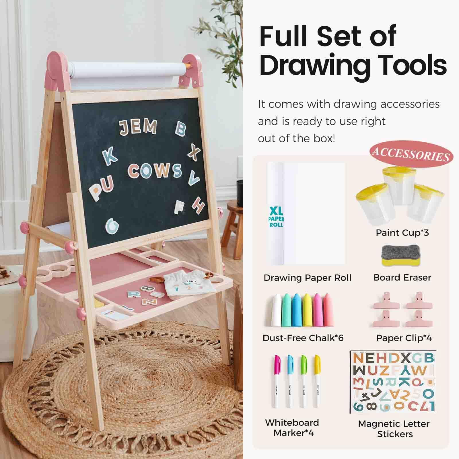 Tiny Land Easel for Kids, Double-Sided Magnetic Easel with Drawing Accessories, Adjustable Wooden Kids Art Easel with Paper Roll, Learning-Toy for 3-8 Years Old Boy & Girls Pink