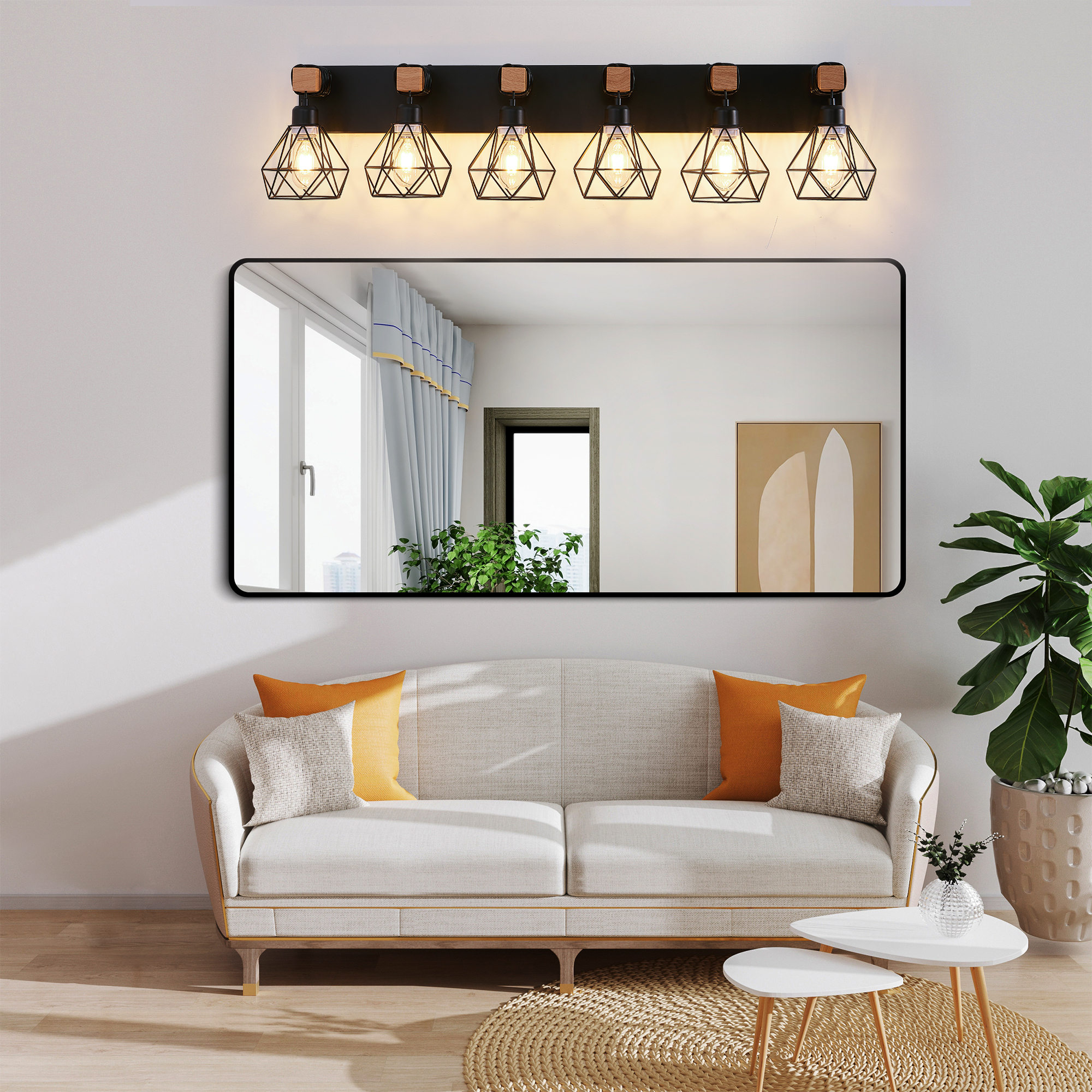 Leumius Modern Geometric 6-Light Vanity Light Fixture with Black Metal, Wooden Accents and Cage Lampshade for Bathroom, Bedroom, or Living Room (Bulb Not Included)