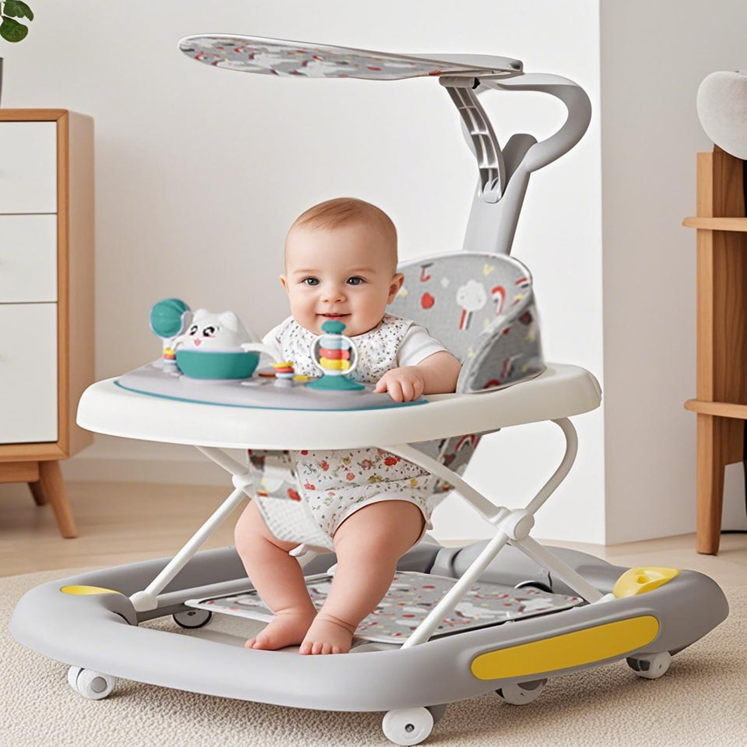 PUEDO 4-in-1 Folding Baby Walker with Music & Interactive Toys, Adjustable Wheels for Boys and Girls,White