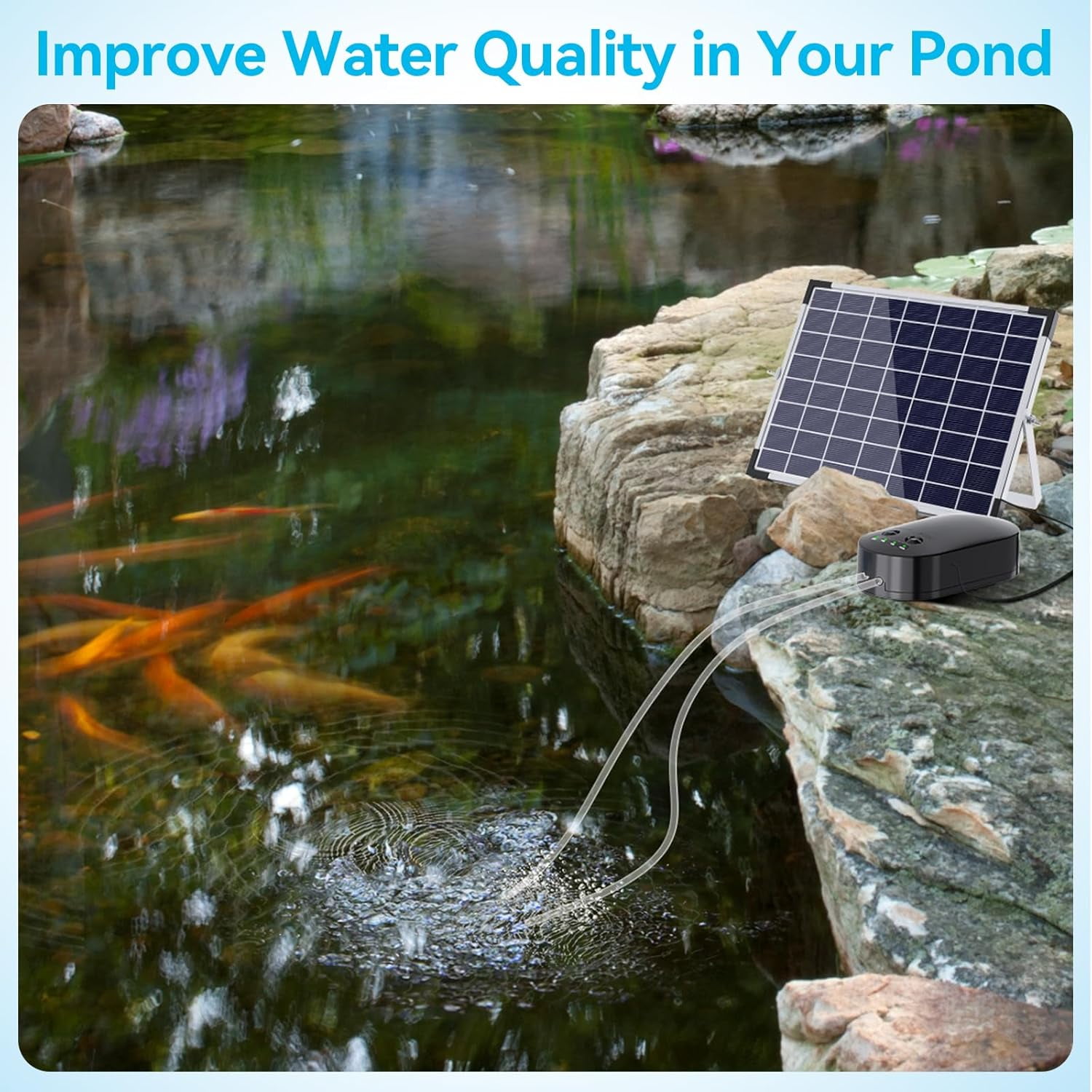 POPOSOAP 15W Solar Pond Aerator with 4400mAh Battery Backup, 3-Mode Solar Powered Air Pump for Outdoor Ponds, Fish Tanks, and Fishing