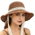 thumbnail image 2 of Hollow Lace Wide Brim Hat, Lace Tie Sun Cap, Straw Beach Headwear, Women Elegant Breathable Foldable Hat for Seaside Vacation Outing Summer Sun Protection Trendy Floral Decor Casual Cap,Khaki, 2 of 8