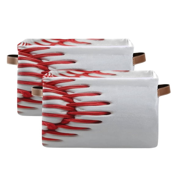 White Baseball Close Up Square Storage Bins with Handles Collapsible Containing Box 2 Packs