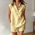 thumbnail image 2 of Arlun Linen Sets for Women 2 Piece Summer Outfits Sleeveless Button up V-Neck Tank Top and Wide Leg Shorts with Pockets Loose Fit Lightweight Breathable Vacation Matching Sets Yellow XS, 2 of 5