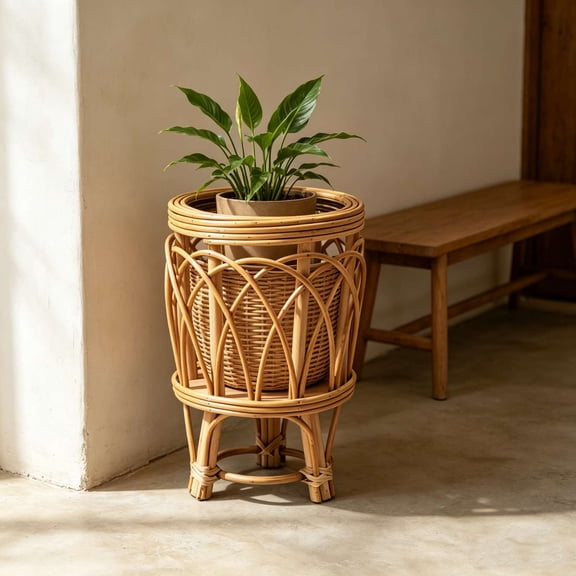 Hand Woven Rattan Plants Stand, Boho Rattan Plant Stand Indoor Outdoor,Wicker Planter Shelf for Plants,Round Raised Flower Pot Holders for Indoor Living Room Balcony,11 in