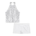 thumbnail image 5 of YEAHDOR Kids Girls Gymnastic Dance Outfit Halter Allover Sequins Tops with Gymnastics Workout Shorts White 12, 5 of 7